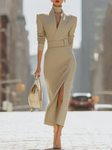 Stand Collar Waist And Slit Dress
