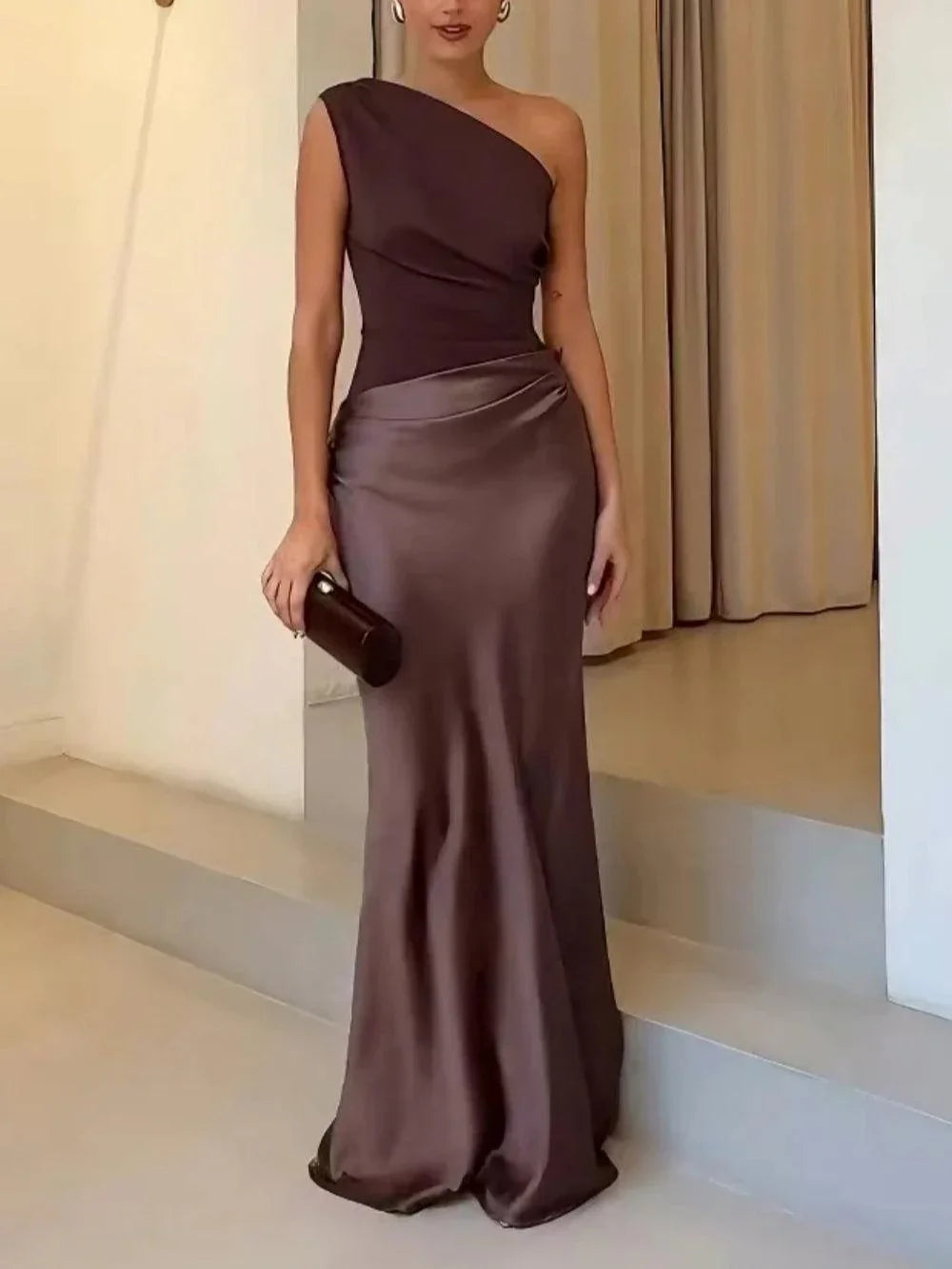One Shoulder Neck Pleated Party Maxi Dress