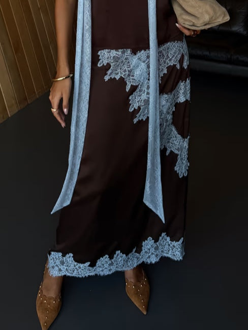 Elegant Brown and Blue Lace Panel Skirt