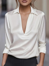 Solid Color Satin V-neck Long-sleeved Casual Shirt