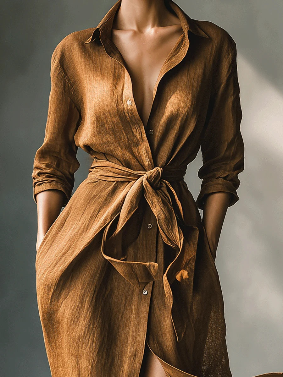 Vintage Brown Blended Lace-Up Shirt Maxi Dress