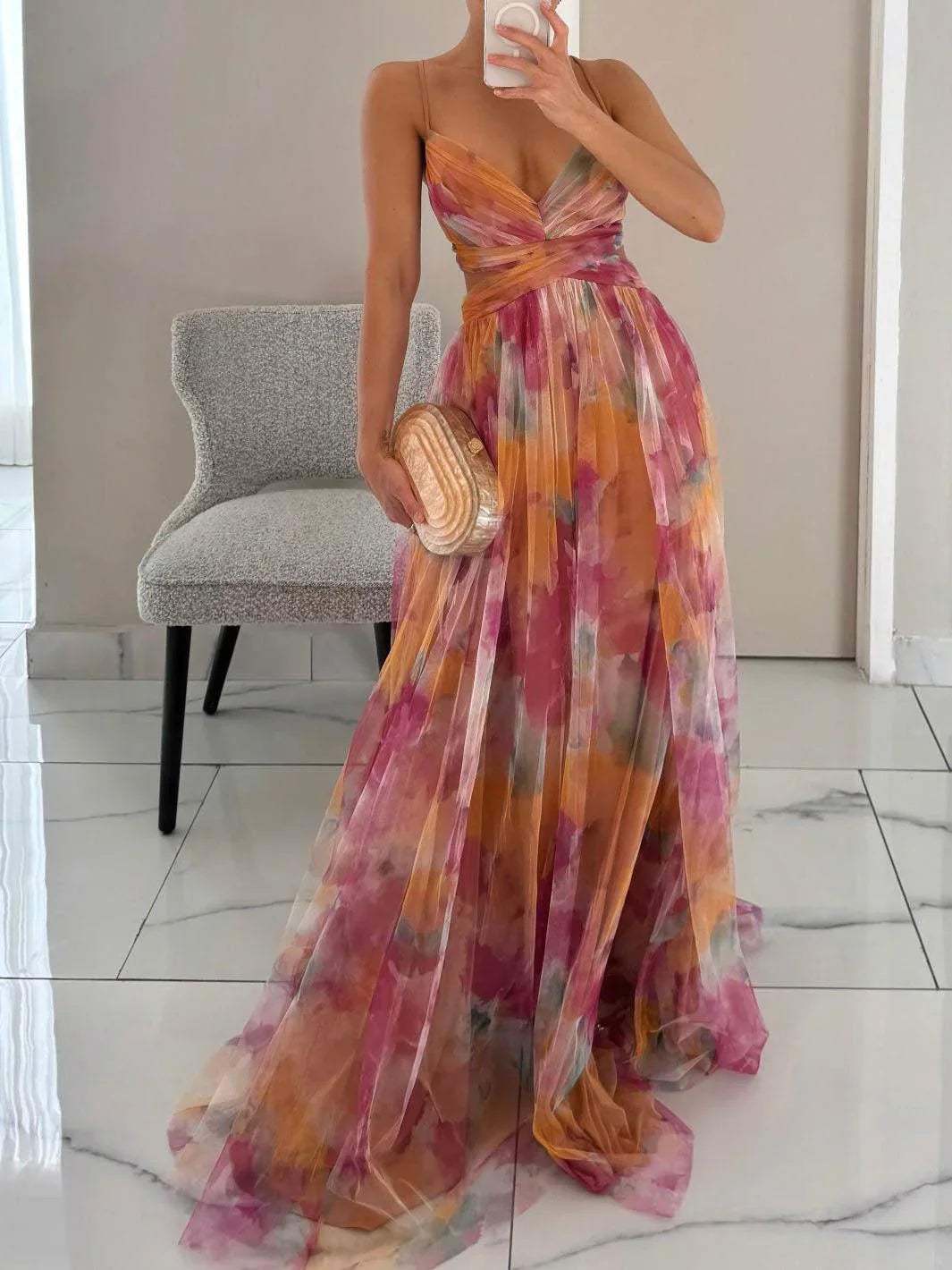 Elegant Painted Floral Print V-Neck A-Line Maxi Dress